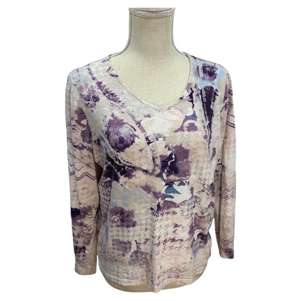 Chico's Long Sleeved Top Shirt Blouse White w/ Purple Splatter Pattern Sz 2